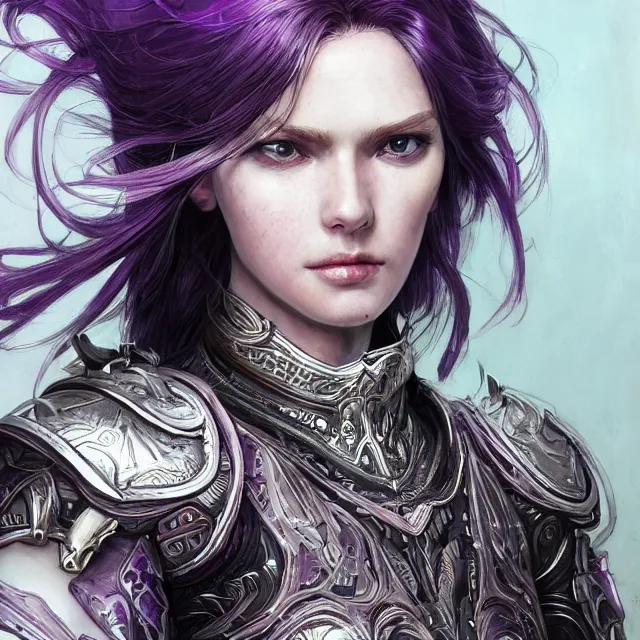 Prompt: close facial portrait of a pale woman in futuristic leather armor with a flowing purple, elegant, stoic, intense, ultrafine hyperdetailed illustration by kim jung gi, irakli nadar, intricate linework, sharp focus, bright colors, octopath traveler, final fantasy, hearthstone, highly rendered, global illumination, radiant light, detailed, intricate environment