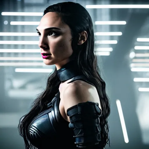 Image similar to gal gadot as a cyberpunk cyborg goth woman from blade runner 2 0 4 9 movie, pale skin, sensual, beautiful soft light failling on her face, studio photography, nikon 3 5 mm portrait photography, ultra realistic