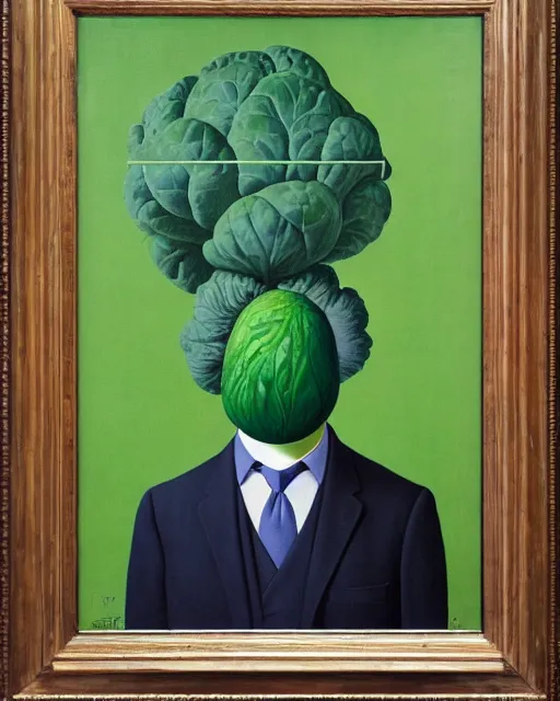 Prompt: painting of a man with a cabbage in the place of his head, masterpiece, painted by René Magritte