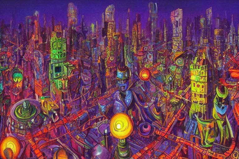 Image similar to surreal colorful nightmarish cityscape, artwork by ralph bakshi