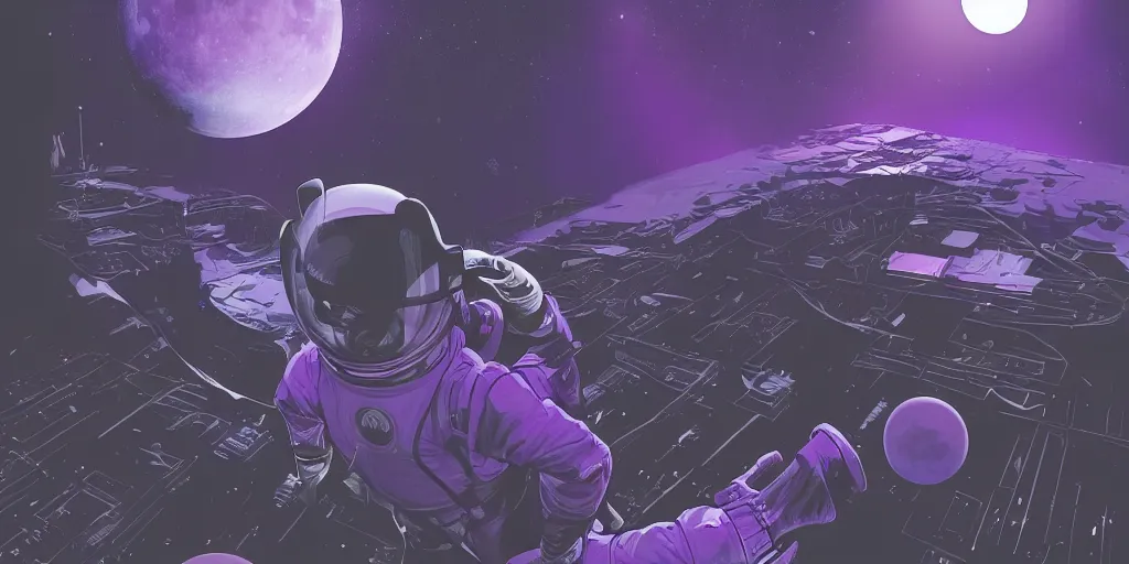 Image similar to A cat in sifi spacesuit looking down on Gotham city, purple night, giant moon in sky, hyperdetailed, dynamic scene, comics