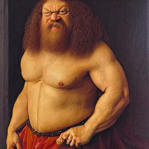 Image similar to portrait of hulking herculean bodybuilder hagrid, oil painting by jan van eyck, northern renaissance art, oil on canvas, wet - on - wet technique, realistic, expressive emotions, intricate textures, illusionistic detail