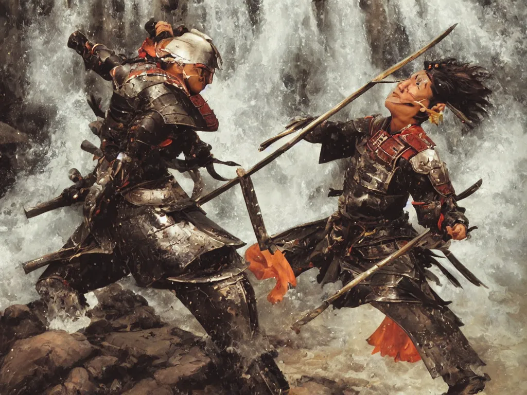 Prompt: close up of a samurai in full armor, training under a waterfall, by huang guangjian and gil elvgren, sachin teng, greg manchess