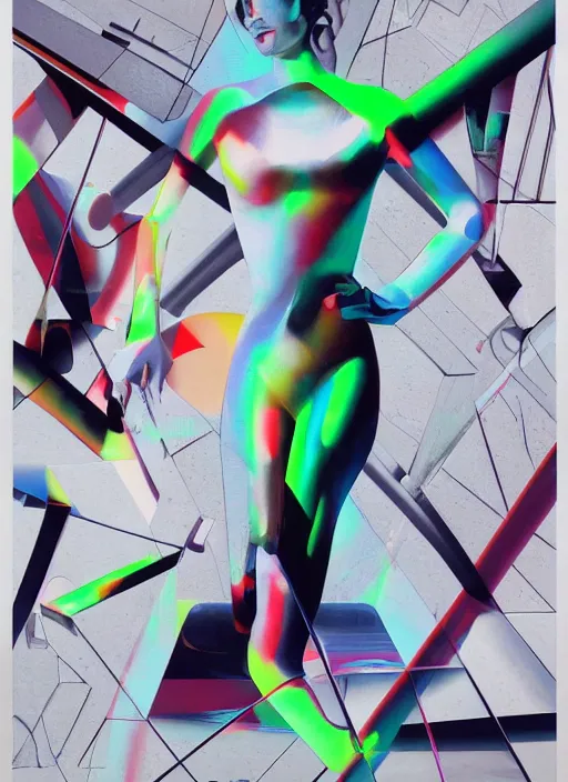 Prompt: futuristic lasers tracing, colorsmoke, fullbodysuit, pyramid hoodvisor, raindrops, wet, oiled, beautiful cyborg girl pinup, by steven meisel, kaws, rolf armstrong, cubist perfect geometry abstract acrylic, hyperrealism photorealistic airbrush collage painting, monochrome, neon fluorescent colors, minimalist rule of thirds, eighties eros