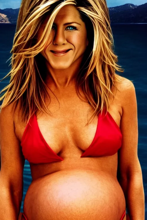 Image similar to pregnant jennifer aniston in a red bikini, realistic portrait, symmetrical, highly detailed, smooth, sharp focus, hdr 4 k film screenshot