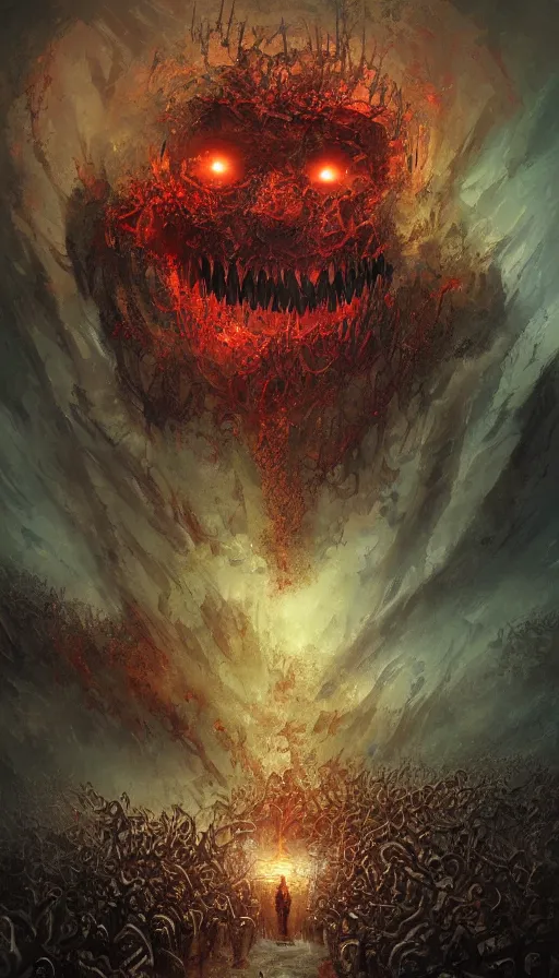 Image similar to a storm vortex made of many demonic eyes and teeth, by marc simonetti