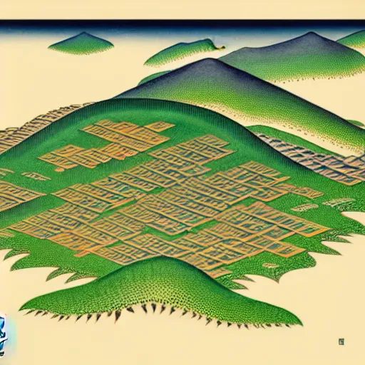 Prompt: 3d isometric botanical illustration of a human settlement in the mountain forest, diego rivera in Ukiyo-e style, HD