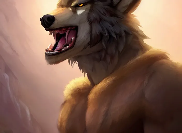 Image similar to burly tough character feature portrait of the anthro male anthropomorphic wolf fursona animal person wearing tribal primitive caveman loincloth outfit full wolf fur body standing in the entrance to the cave, perfect framed character design stylized by charlie bowater, ross tran, artgerm, makoto shinkai, detailed, soft lighting, rendered in octane masterpiece