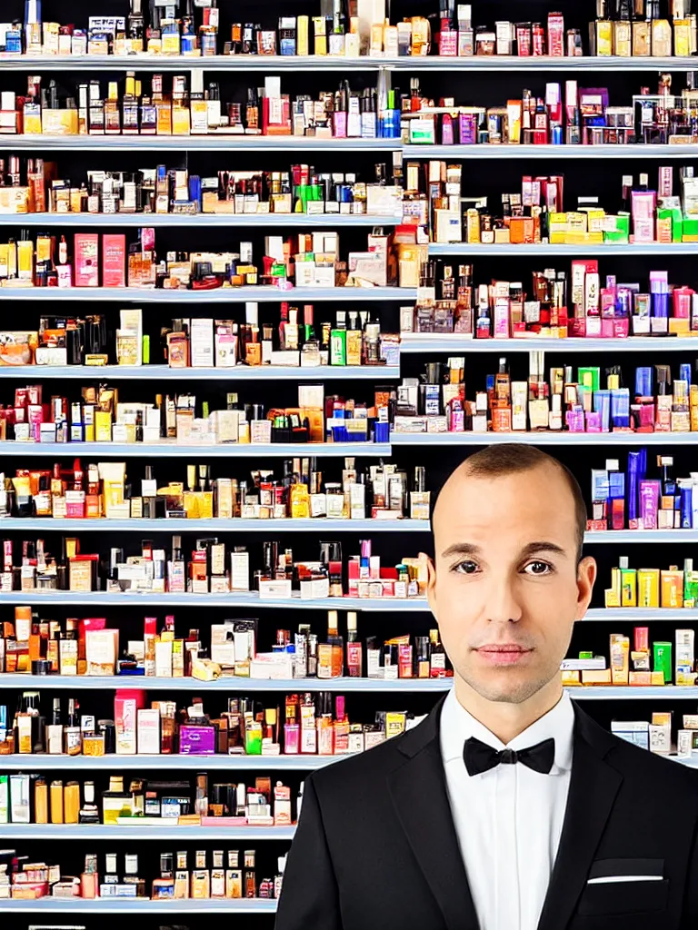 Prompt: a formal portrait photograph of an expanding salesman dissected into cubes. he is stacked on a supermarket shelf in the cosmetic aisle