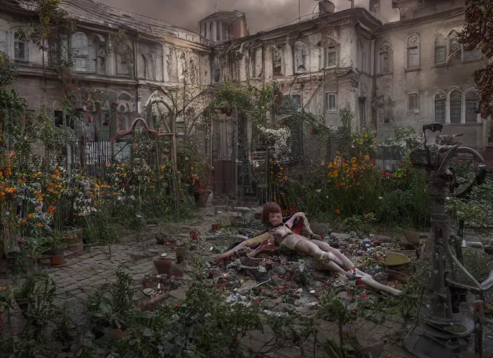 Prompt: a regular russian courtyard with mud and an old playground between two soviet five - storey panel houses, broken toy doll with human male face, a lot of dead flowers, high details, cinematic, 8 k resolution, beautiful detailed, insanely intricate details, artstation trending, octane render, unreal engine