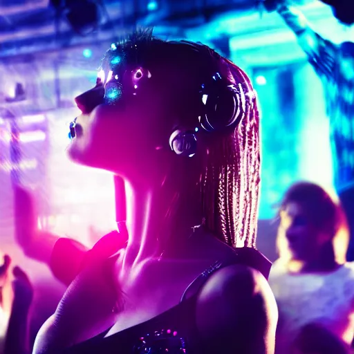 Prompt: closeup of a Cyberpunk woman dancing in a crowd of people in a nightclub, poorly lit, moody, atmospheric, unfocused, digital art, Octane