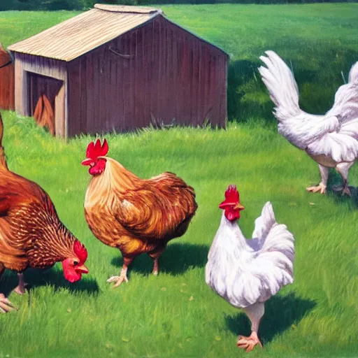 Prompt: chickens putting human beings in coops, oil painting, hyper realistic