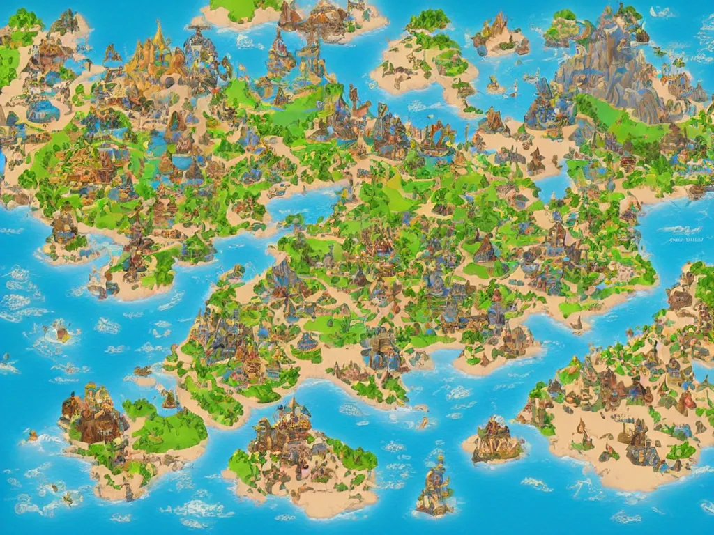 Prompt: an isometric disney fantasy map of a continent bordered by ocean