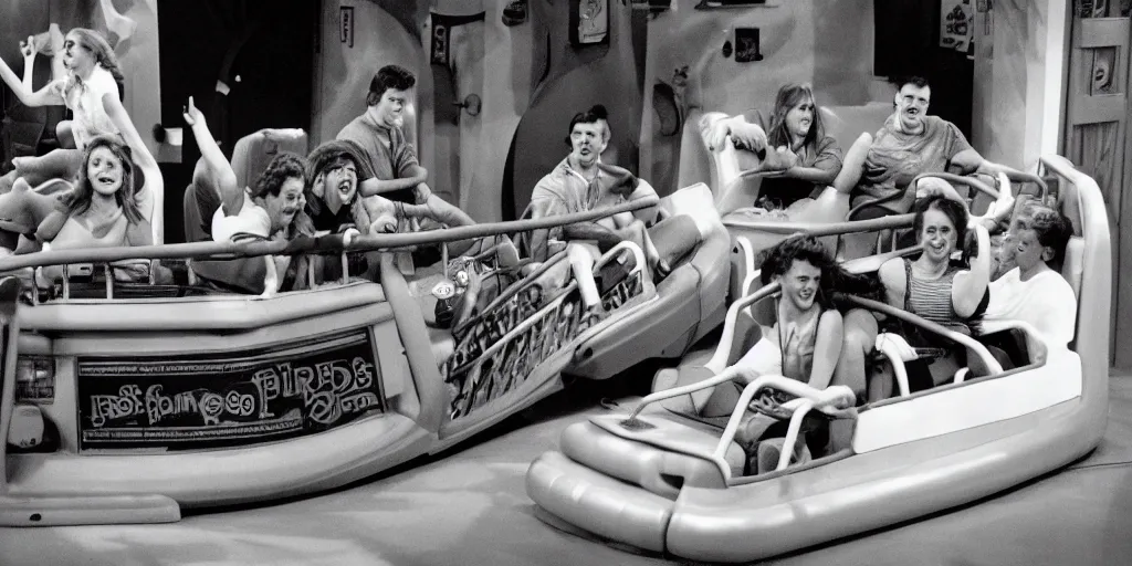 Prompt: 1990s photo of inside the Friends Show roller coaster at Universal Studios in Orlando, Florida, riding a sofa roller coaster through the Friends apartments , cinematic, UHD