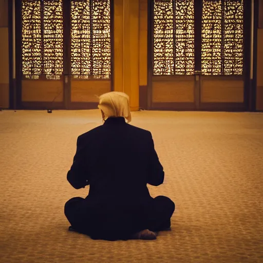 Image similar to Trump praying in mosque, award winning cinematic photography, 50 mm, blurred background, perfect faces