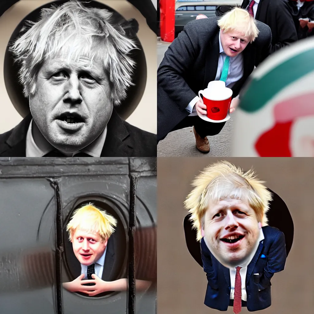 Prompt: boris johnson emerging from inside a cup of tea