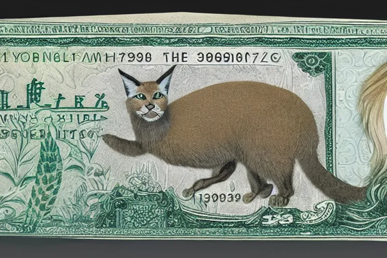 Image similar to one dollar banknote with cute caracal face on it, intaglio style, photo realistic, ultra detailed