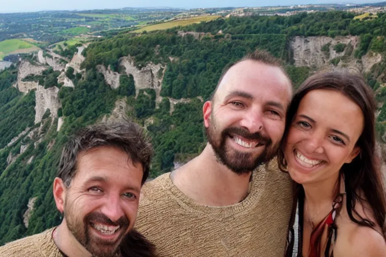 Image similar to selfie from a mobile phone of happy jesus and happy mary magdalene standing on a cliff looking over a beautiful landscape in france, in love, rennes - le - chateau, award winning photo, wide angle lens, very detailed, photorealistic