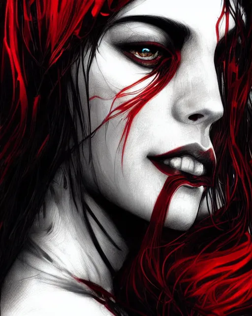 Image similar to brutal close up portrait intense vampire, flowing hair, highly detailed, very intricate, graphical errors, going gpu, art deco, chromatic aberration, harsh lighting, award - winning, unreal engine 5, illustration by mandy jurgens and alphonse mucha and yoji shinkawa, black and red only!!!, featured on artstation