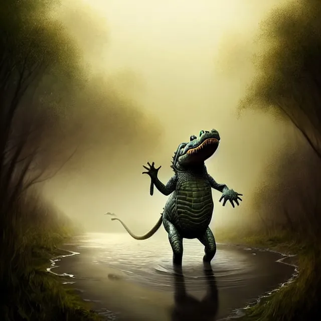 Prompt: epic professional digital portrait art of a smiling anthropomorphic crocodile on a morning stroll along the misty moors, best on artstation, cgsociety, wlop, Behance, pixiv, astonishing, impressive, outstanding, epic, cinematic, stunning, gorgeous, concept artwork, much detail, much wow, masterpiece.