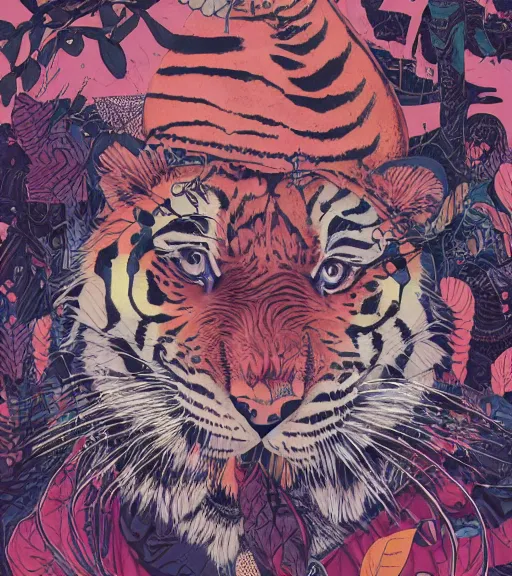 Prompt: portrait, nightmare anomalies, leaves with a tiger by miyazaki, violet and pink and white palette, illustration, kenneth blom, mental alchemy, james jean, pablo amaringo, naudline pierre, contemporary art, hyper detailed