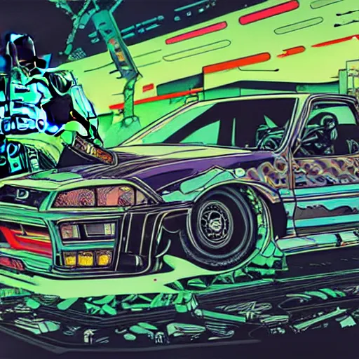 Prompt: hyper-detailed full colour comic illustration of a titan mecha dinosaur holding a nissan skyline r34, cyberpunk, neon, car wreck