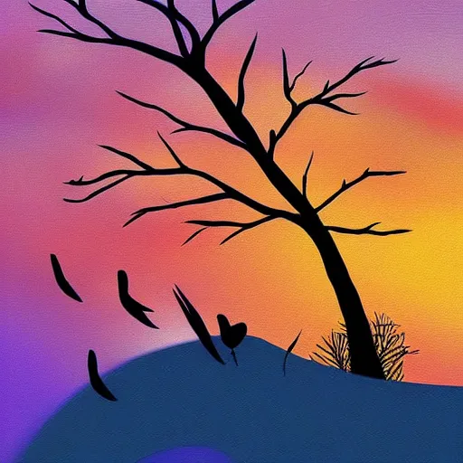 Image similar to birds on cherry tree, serene, graceful, sunset at golden hour, digital painting, Dada