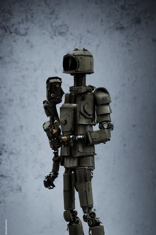 Prompt: a cinematic photo shot of a beautiful 1 : 6 scale threea toys figurine by ashley wood, world war one robot,, intricate dark background, dramatic light