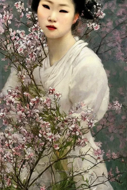 Image similar to close - up fashion asian woman portrait airy flowers clouds art by vasnetsov