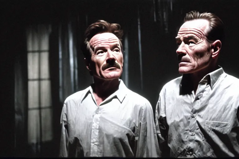 Prompt: film still of bryan cranston and josie packard in cosmic horror! the musical by david cronenberg, 3 5 mm film, atmospheric, ultra fine detail, film grain, photorealistic