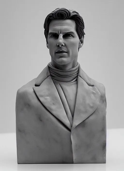 Prompt: an orthographic bust white marble sculpture of tom cruise, by Wes Anderson