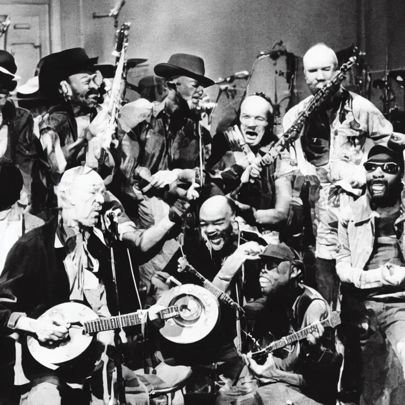 Image similar to album cover photo of pete seeger with a banjo singing around a single microphone with run dmc from 1 9 8 9