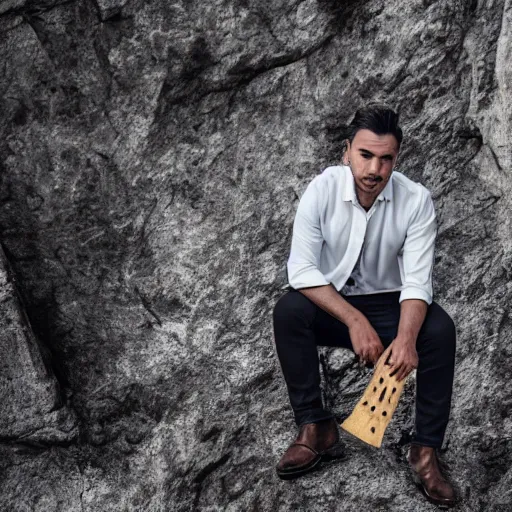 Image similar to A man wearing a black Jacket, white shirt, blue jeans and golden boots sits on a cliff holding an axe, XF IQ4, 150MP, 50mm, f/1.4, ISO 200, 1/160s, natural light, Adobe Photoshop, Adobe Lightroom, DxO Photolab, Corel PaintShop Pro, rule of thirds, symmetrical balance, depth layering, polarizing filter, Sense of Depth, AI enhanced