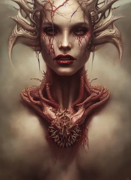 Image similar to a hyper detailed face portrait of the queen of blades, diablo 4 lilith, by tom bagshaw, by zdzisław beksinski, trending on artstation