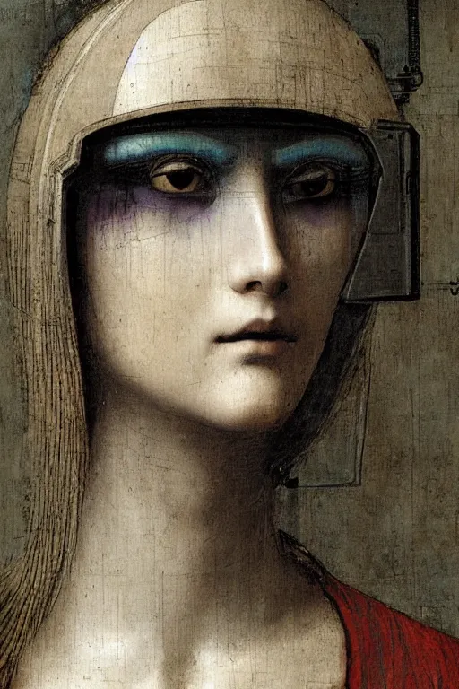 Image similar to a close - up portrait of a cyberpunk cyborg girl, by leonardo davinci, rule of thirds