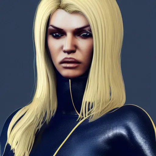 Image similar to beautiful blonde model, 2 arms, tight navy-blue leather outfit, full body and face and head, photorealistic, extreme detail, octane render, artstation, unreal engine, mortal kombat