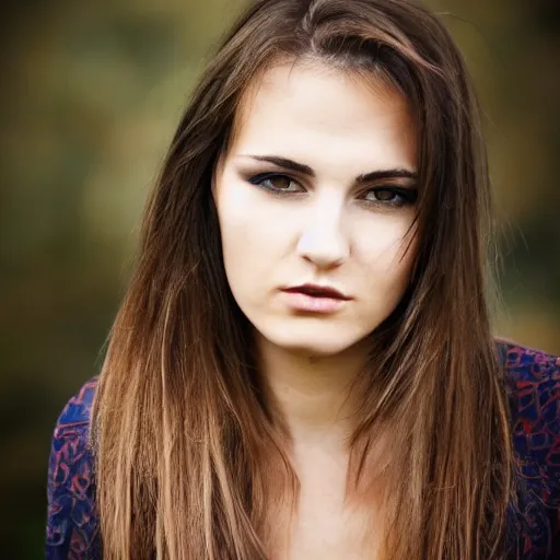 Image similar to photo of an atractive cool alternative bosnian woman in her early 20s. beautiful face. She has dark brown hair, dark thick eyebrows, brown eyes and shoulder long hair.