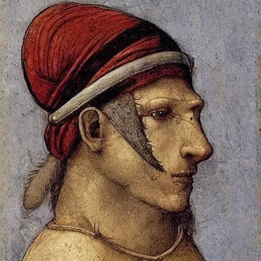 Prompt: Rat Warrior wearing a head band with a scar on it by Leonardo DaVinci