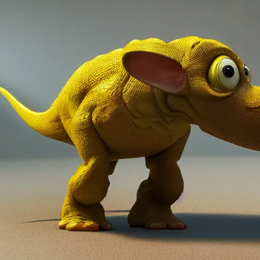 Image similar to pixar render the yellow dinosaur, cute character, high detail, fine hair details, big eyes, friendly, warm and calming, bursting with energy and life, after effects, post processing, video and game ready, octane render, volumetric lighting, glow lights, sharp focus, clear focus, soft shadows, highly intricate and beautiful symmetry