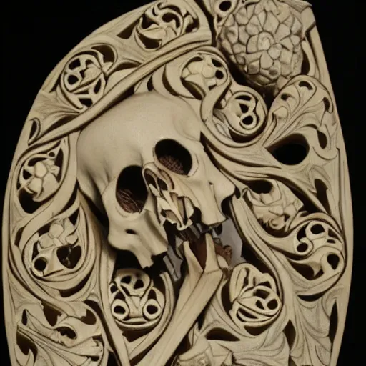 Image similar to memento mori detailed art nouveau bone carving by arthur rackham, gothic, intricately carved antique bone, skulls, 8 k 3 d, 8 k resolution