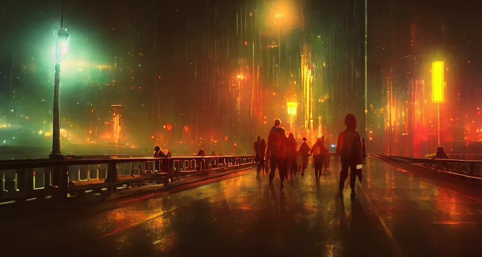 Image similar to Walking on a bridge over fantasy night city lights, volumetric lighting, 4k, octane, digital painting, artstation, sharp focus, illustration