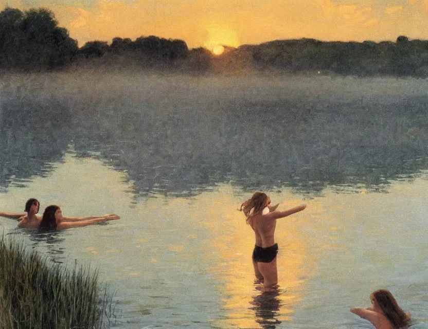 Image similar to Two woman swimming in the lake on a sunset, country style, Cottage core, Cinematic focus, Polaroid photo, vintage, neutral colors, soft lights, foggy, by Steve Hanks, by Serov Valentin, by Andrei Tarkovsky, by Terrence Malick, 8k render, detailed, oil on canvas, wide shot