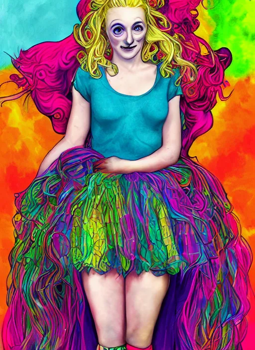 Image similar to surrealism psychedelic full body portrait sketch of evanna lynch as delirium of the endless in fishnet top and rainbow tutu skirt from the sandman, floating goldfish, green and blue eye heterochromia by alex ross, josh kirby, detailed, elegant, intricate