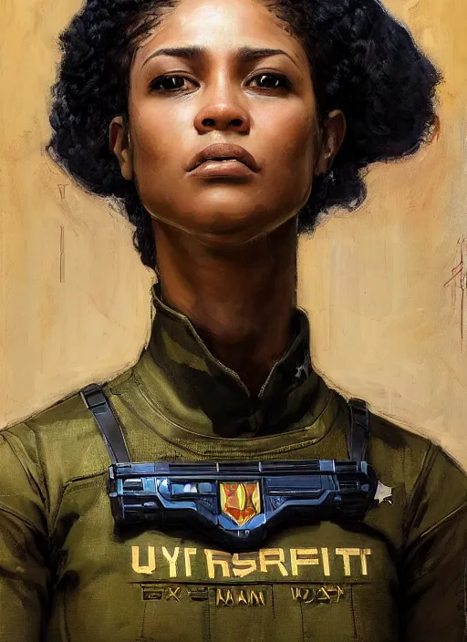 Prompt: Sgt. Sonya Igwe. Strong cyberpunk female USN marine wearing a military vest and military cyberpunk exo-suit (cyberpunk 2077, bladerunner 2049). gorgeous face. Iranian orientalist portrait by john william waterhouse and Edwin Longsden Long and Theodore Ralli and Nasreddine Dinet, oil on canvas. Cinematic, hyper realism, realistic proportions, dramatic lighting, high detail 4k