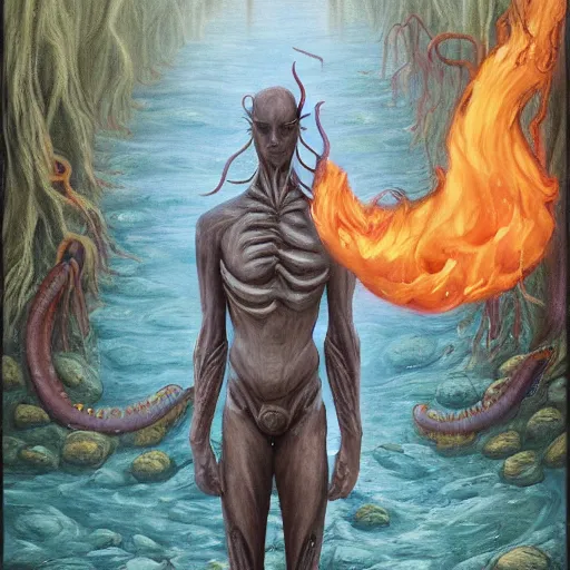 Image similar to a cinematic painting of alien tentacles emerging from the water of a river, a single human godly like figure stands on the riverbed watching, fire blowing the leaves from the trees