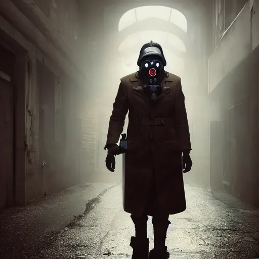 Image similar to hooden villain wearing a gas mask with red goggles, smoke coming out of his body and coat, dark background, in a dark alley, unreal engine 5, ultra realistic, detailed, fog, volumetric lighting, by greg rutkowski,