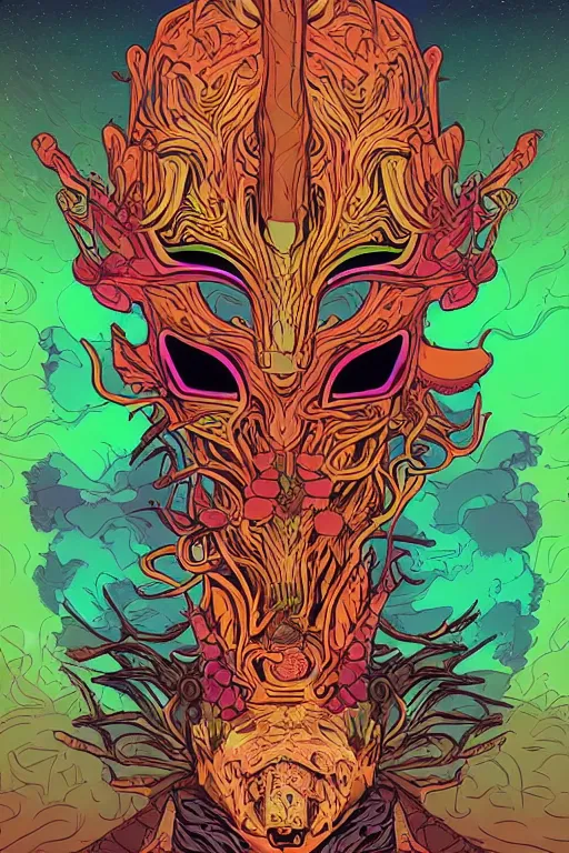 Image similar to animal mask totem roots tribal feather gemstone plant wood rock shaman vodoo video game vector illustration vivid multicolor borderlands comics by josan gonzales and dan mumford radiating a glowing aura