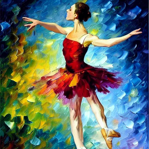Image similar to palette knife oil painting of a leaping ballerina, extreme detail, style by leonid afremov and degas, artstation, artgerm, deviant art, octane, substance, art history, photo realistic