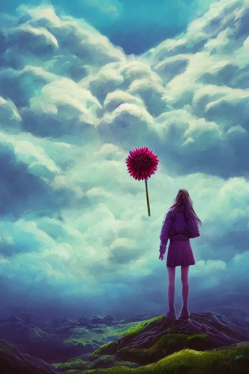 Prompt: closeup perspective, giant dahlia flower as head, girl standing on mountain, surreal photography, blue storm clouds, dramatic light, impressionist painting, digital painting, artstation, simon stalenhag