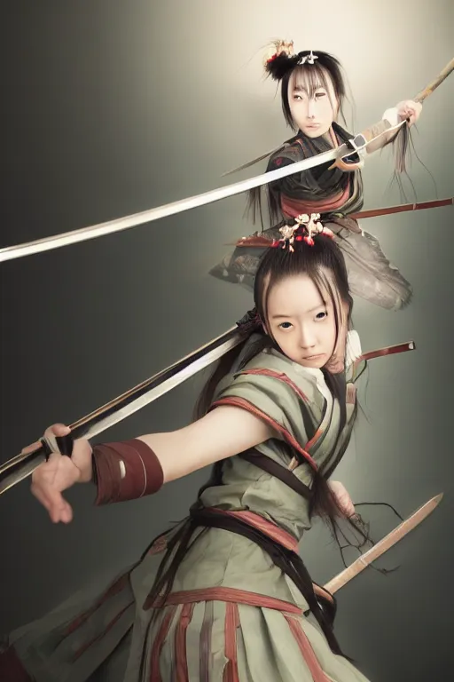 Image similar to highly detailed beautiful photo of a young female samurai, practising sword stances, symmetrical face, beautiful eyes, realistic anime art style, 8 k, award winning photo, pastels, action photography, 1 / 1 2 5 shutter speed, dramatic lighting